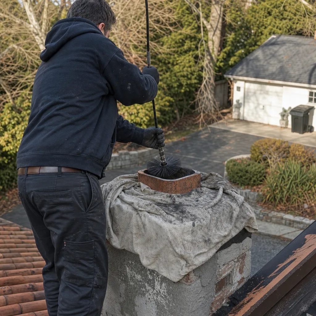 Professional chimney sweep cleaning a chimney flue on a rooftop.