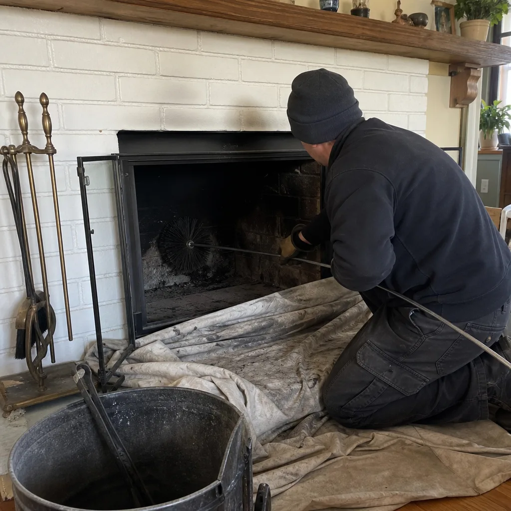 Professional chimney sweep cleaning a residential fireplace with a chimney brush