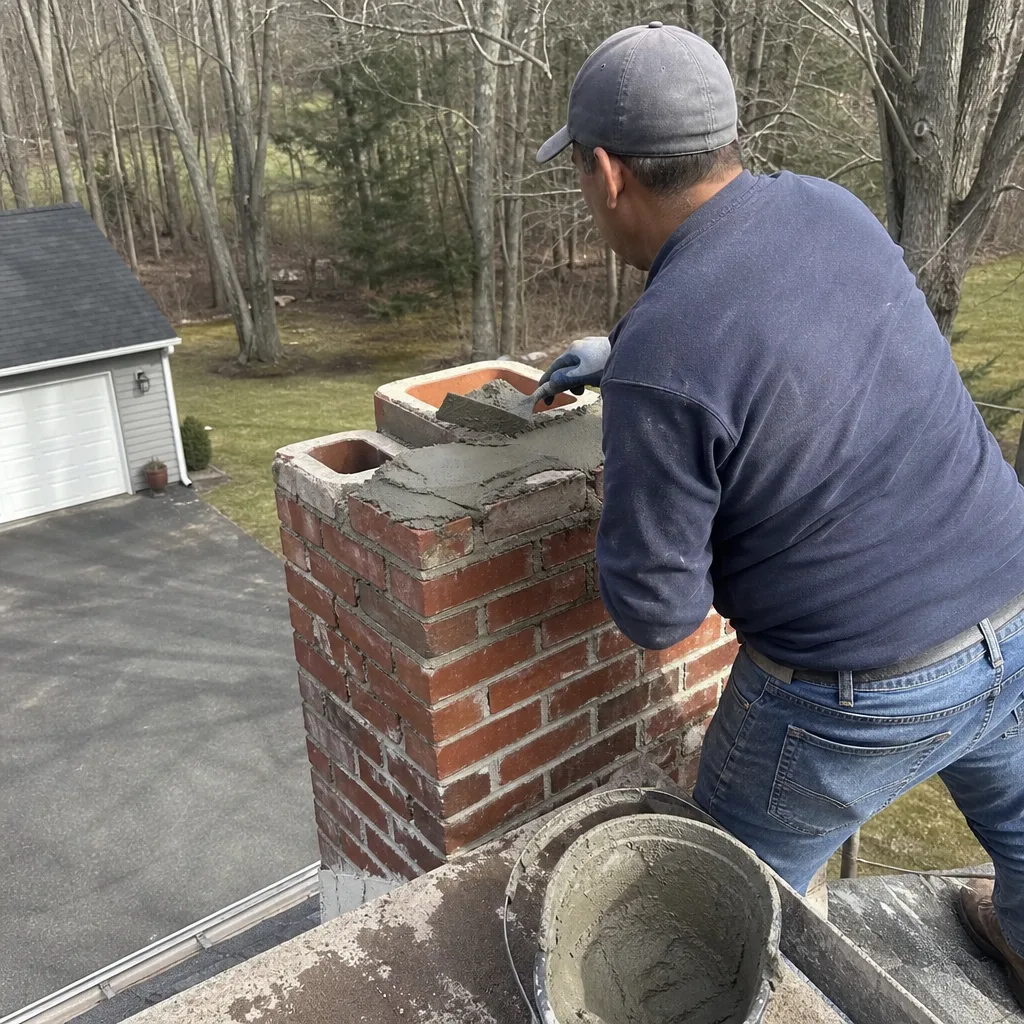 Professional mason applying mortar during a chimney masonry repair project