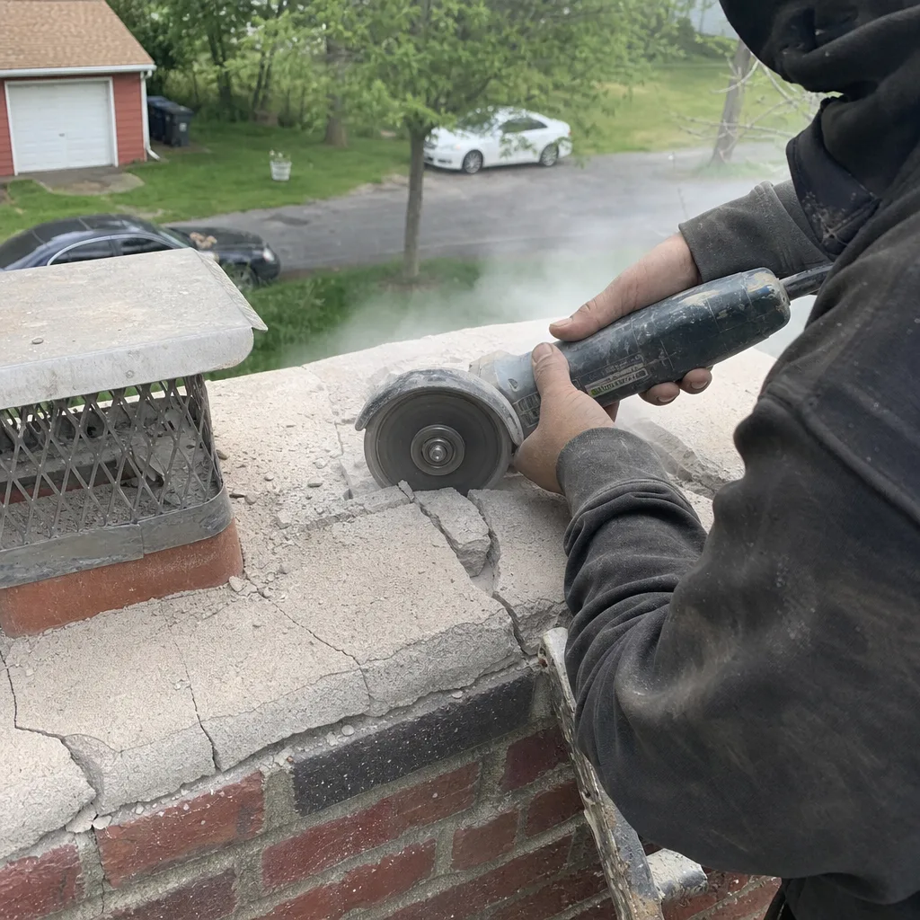 Professional contractor performing masonry chimney crown repair with an angle grinder