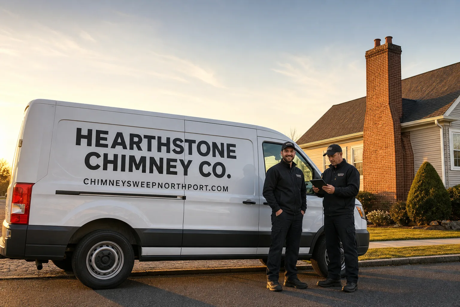 Hearthstone Chimney Co. chimney cleaning service vehicle and crew in Northport, NY